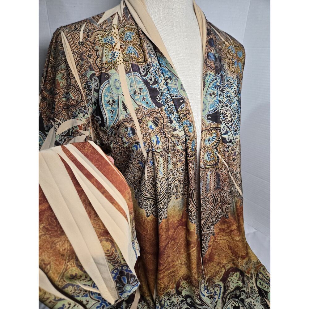 Vtg OS Cover Rhinestone Cardigan Boho Indie Western Openfront Paysley Kimono - Picture 2 of 13